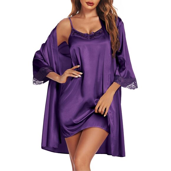 Other - 1289 Sleepwear Satin Nightgown with Robes Set 2 Piece Sexy Lace Cami